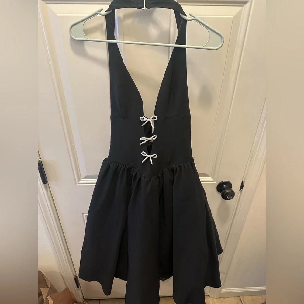 Angelina Black Halterneck Bow-Detail Midi Dress - Picture 2 of 3